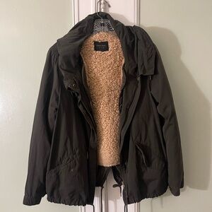 Zara Olive Bomber Jacket with Faux Shearling Lining